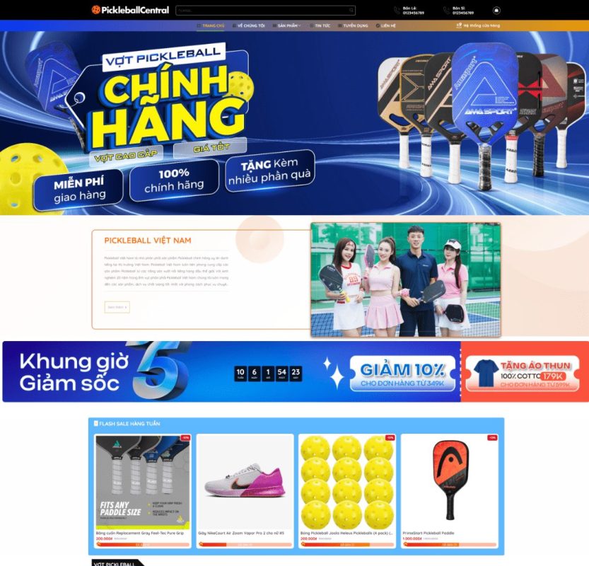 Theme wordpress sho bán vợt, bóng pickleball, dụng cụ thể thao