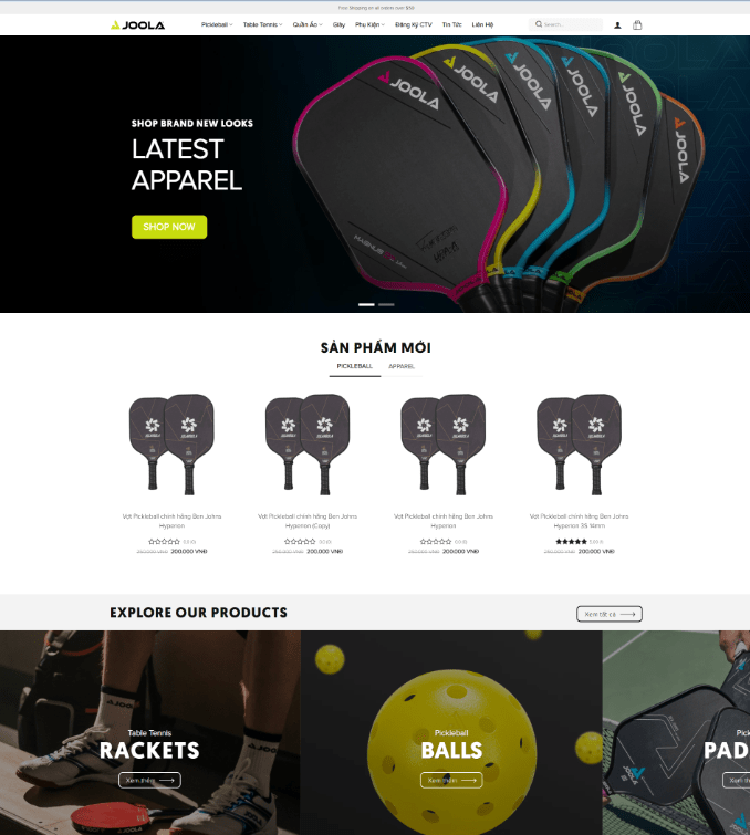 Theme WordPress bán vợt pickleball 3 giống Joola